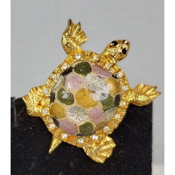 Vintage 1980 St. John Signed Gold Tone  And Rhinestone Elegant Turtle Brooch Pin - Picture 5 of 14